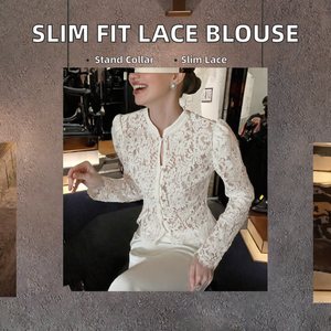 <b>Women</b> Lace Knitted Blouse Stand Collar <b>Long</b> Sleeve Slim Fit Button Front <b>Shirt</b> for Autumn Winter - Product Image 2