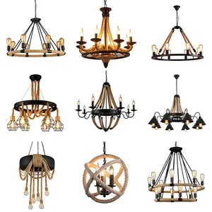 Popular Vintage professional industrial handmade pendant lamps with hemp rope iron light chandelier led pendant light