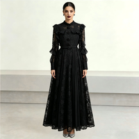 Robe longue noire en dentelle, col montant, manches longues à volants, ceinturée, élégante, pour soirée formelle ou invitées, vente en gros, commande en gros