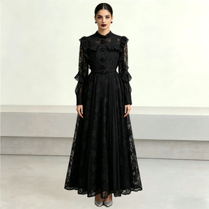 <span class=keywords><strong>Robe</strong></span> longue noire en dentelle, col montant, manches longues à volants, ceinturée, élégante, pour soirée formelle ou invitées, vente en gros, commande en gros - Product Image 1