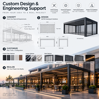 Pergola motorisée en aluminium blanc avec auvent rétractable, toit à lames orientables électriques, restaurant avec vue sur la mer, pavillon de restauration en plein air