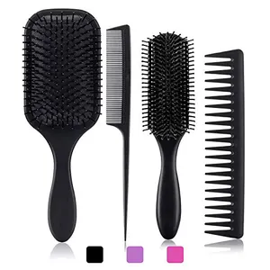4Pcs Paddle Hair Brush 9 Row Detangling Brush And Wide Tooth Tail Parting Hair Comb Set for Men and Women