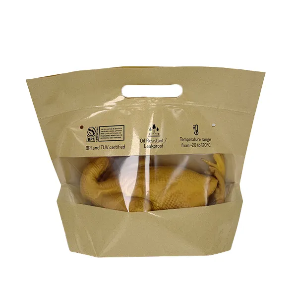 Saco de papel kraft compostável biodegradável para frango assado com estrutura multicamadas de qualidade alimentar