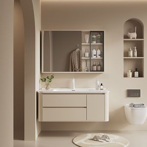 Mueble de baño moderno de madera maciza con lavabo integrado de cerámica, combinación inteligente de lavabo y mueble. - Product Image 3