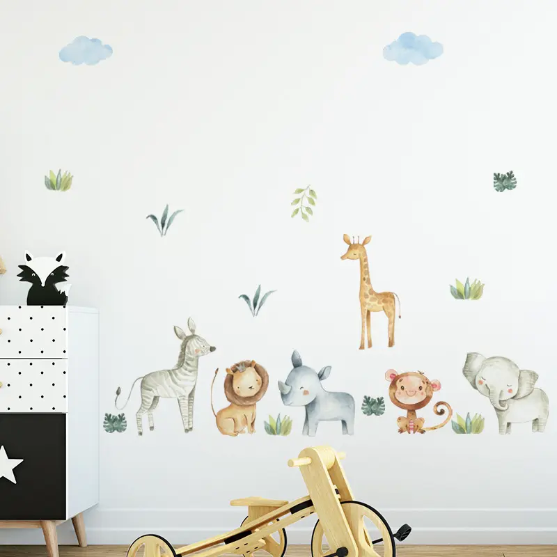 漫画の動物の壁デカールジャングルライオンキリンの高さのステッカー子供の寝室のためのかわいい壁紙創造的な保育園の壁の装飾
