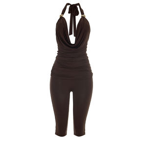 Viviblook J26ST090 Women Summer Suit Halter Backless <b>Metal</b> Splicing <b>Swing</b> Collar Tank Top Cropped Pants Two Pieces <b>Set</b> - Product Image 5