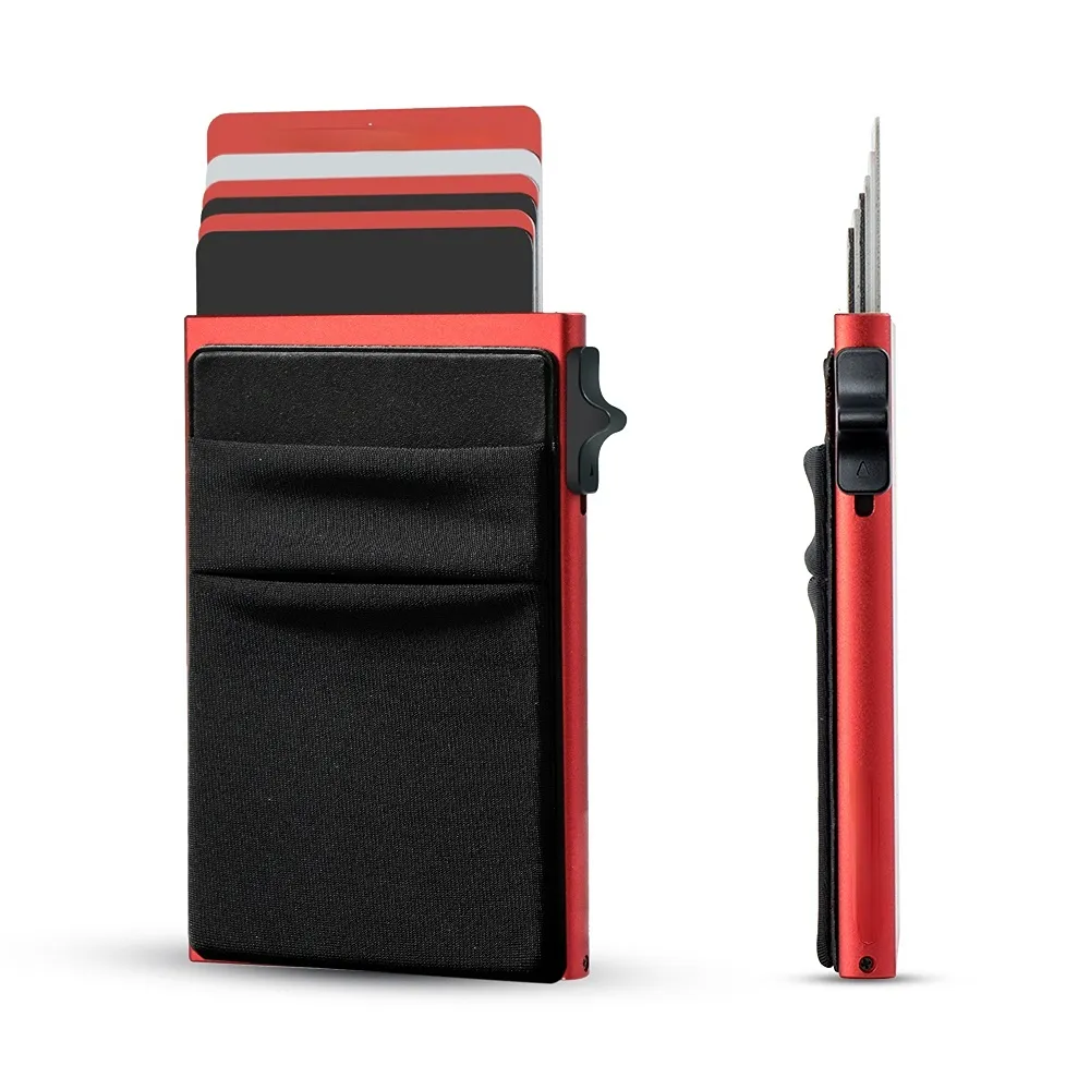 Carteira elegante RFID segura e automática, porta-cartões de metal com proteção anti-roubo e bolso frontal, cartera pop automática de precisão