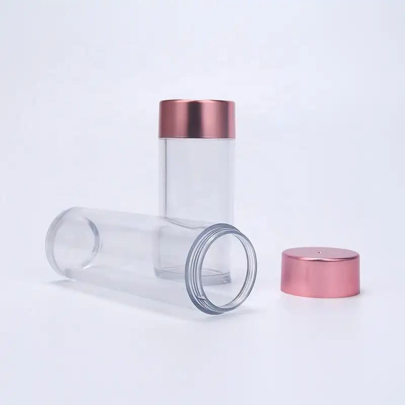 Stok boş kapsül hap ambalaj şişeleri 50ml 80ml 100ml özü losyon toner şeffaf PET plastik şişe ile gül altın vidalı kapak