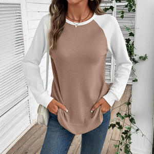Women's Fall/Winter New Arrival <b>Patchwork</b> Color-Block Waffle Weave Crew Neck Long-Sleeve T-Shirt <b>Top</b> Fashion - Product Image 3