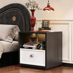 Modern <b>Black</b> Plastic Nightstand with 2 Drawers Storage Cabinet for Bedroom Furniture Fenglong FL-SS-001 - Product Image 2