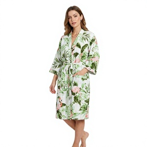 Bata de mujer de lujo tejida a mano con cuello en V y cinturón, manga tres cuartos, suave, transpirable, de secado rápido, 100% algodón con cordón. - Product Image 1