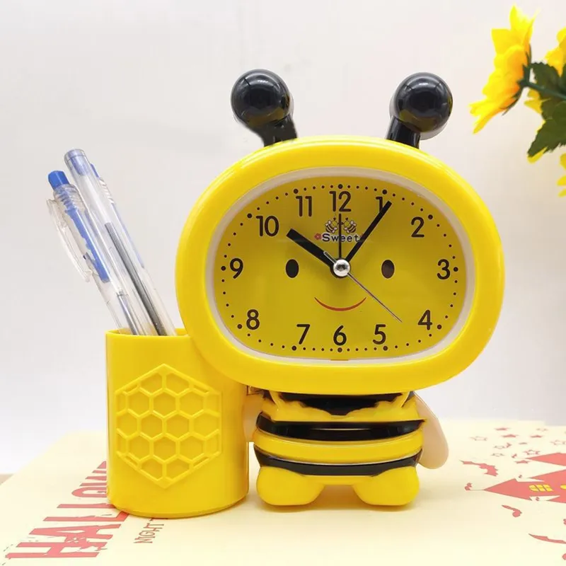 Jam Alarm, kartun lucu pemegang pena lebah jam Alarm jam samping tempat tidur jam Timer dekorasi meja rumah kantor