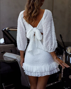 White Square Neck Puff Sleeve <b>Mini</b> Dress With Ruffle Hem Fit And Flare Casual Summer Wear - Product Image 2