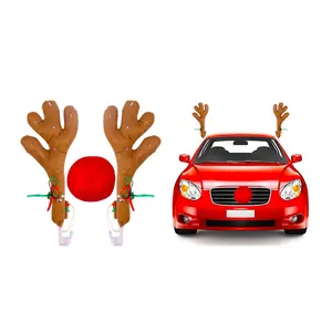 Noel araba dekorasyon ren geyiği boynuzları burun kiti aydınlık boynuzları araba kostüm led noel ren geyiği boynuzları