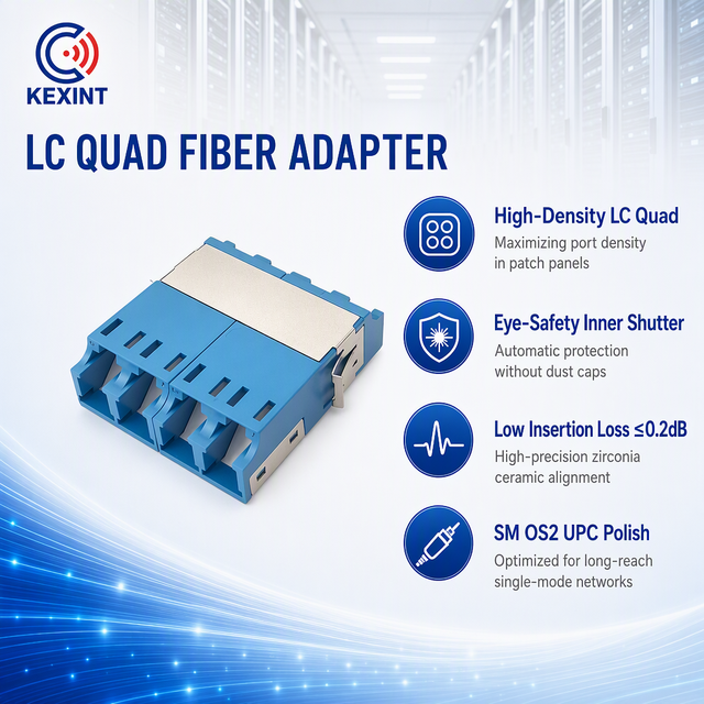 Kexint Data Center LC Quad with Dust Cap High-Density SM LC Fiber Optical Adapter with Inner Shutter
