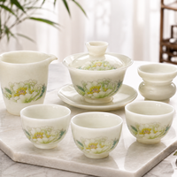 Service à thé en porcelaine Icy Jade avec couvercle, tasses Gaiwan, pichet de distribution, passoire, compatible lave-vaisselle, peint à la main motif pivoine, pour thé Gongfu