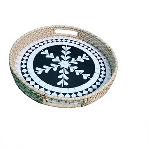 Ensemble de plateaux en rotin avec incrustations de nacre Premium Majesté Festive, artisanal, plateau de service de luxe pour collations, pour Ramadan, Eid, Diwali et Grandes Fêtes - Product Image 1