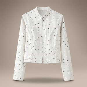 Veste décontractée pour femme, style vintage, blanche à pois, col montant, fermeture éclair, manches longues, tissée, infroissable, écologique - Product Image 4