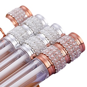 Tubo de brillo labial vacío con decoración de perlas y diamantes de imitación, envase de maquillaje de plástico transparente de doble capa redondo para tinte labial. - Product Image 5