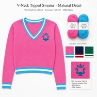 Pull en laine pour femme à col en V tricoté sur mesure OEM 7GG avec bordure contrastante, vente en gros, marque privée, faible MOQ, échantillon