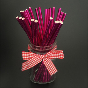 Solid Color Hot Stamping Paper Straws Disposable Straight Pipe Party Use Red Checkered Ribbon Decorated - Product Image 1