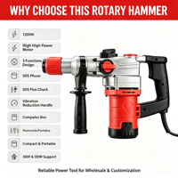 Marteau perforateur rotatif 1200W à 3 fonctions, marteau à percussion électrique SDS Plus pour perçage du béton, démolition de murs, rénovation de la maison