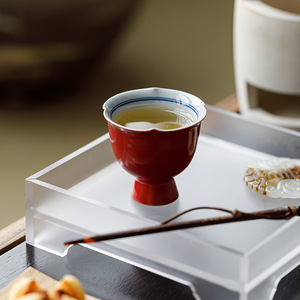 Guanlan Hand Painted Double Line Stem Master Cup Ceramic Kung Fu <b>Tea</b> <b>Set</b> Red Glaze High Footed Sunflower Shape Individual Cup - Product Image 3