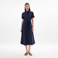 Robe chemise de bureau pour femme, rayée marine, manches courtes, boutonnée devant, taille nouée, longueur midi, avec poches