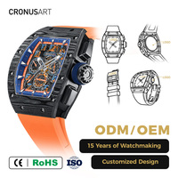 Montre mécanique de luxe pour homme CRONUSART - Boîtier en fibre de carbone noire avec bracelet en caoutchouc orange, aiguilles luminescentes
