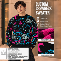 Pull personnalisé pour homme en acrylique, col rond, 480 GSM, tricot plat 5GG, imprimé graphique, coupe oversize, épaules tombantes, tricotage OEM