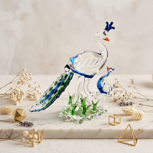 Ensemble de figurines de paon en verre soufflé à la main avec base en herbe verte, sculpture décorative sur le thème des animaux, artisanat fait main - Product Image 2