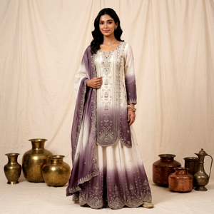 Women Traditional Indian Pakistani Printed <b>Star</b> Georgette Silk Wedding <b>Dress</b> Set Regular Length Purple White Embroidered Ombre - Product Image 1