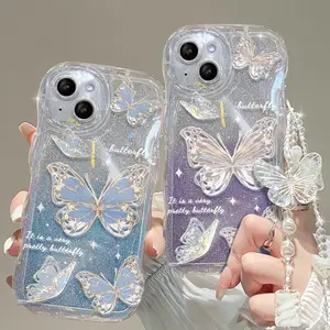 Mode couleurs progressives paillettes TPU papillon coque de téléphone avec sangle chaîne couverture arrière pour iPhone 15 14 13 12 11 pro max XS XR