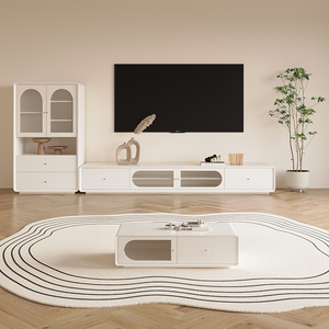 Meuble TV de style italien en bois massif, meuble TV moderne et simple avec plateau en roche, combinaison table basse - Product Image 1