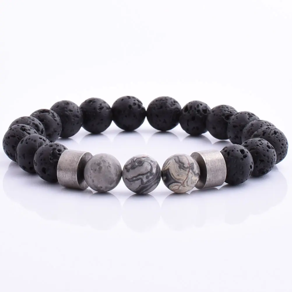 Mens Tùy Chỉnh Thép Không Gỉ Cổ Điển Bạc Quyến Rũ 10Mm Dung Nham Đá Màu Grey Jasper Căng Hạt Vòng Đeo Tay