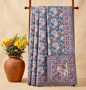Indigo Floral Cotton Dohar Reversible <b>Quilt</b> Cover Printed Bedspread <b>Double</b> Sided Home Use - Product Image 1