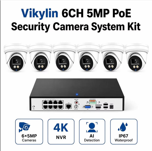 Vikylin 8CH 5MP PoE Security Camera System Kit with 8 Turret IP67 Cameras 4K NVR 2TB HDD Smart AI Human Vehicle Detection