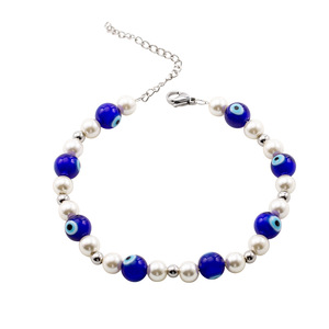 Faux Pearl Evil Eye Beaded Bracelet <b>Titanium</b> Steel Chain Unisex Jewelry Round Ball Shape Geometric Design XYB0117 - Product Image 5