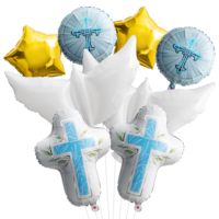 Ensemble de ballons de baptême bleu rose, croix, ailes d'ange, ballons en feuille d'or en forme d'étoile, garçon, fille, baptême, première communion, décoration religieuse