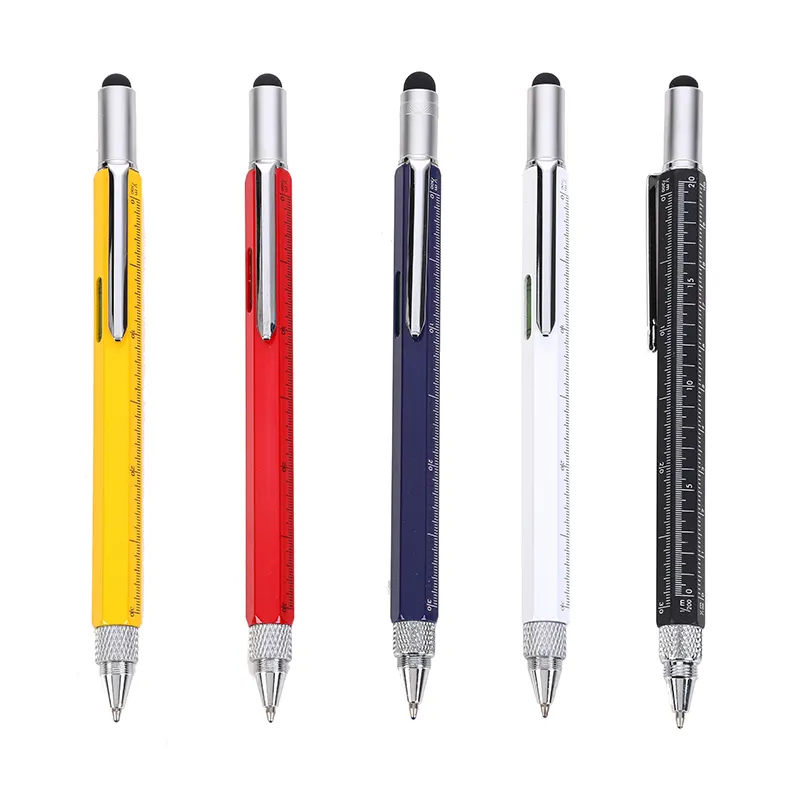 قلم حبر جاف متعدد الوظائف 6 في 1 قلم تقنية متعدد الألوان قلم حبر معدني قلم ستايلوس جاف مع مفكات براغي ومستويات