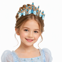 Tiara Mahkota Putri Busur Kristal Biru untuk Anak Perempuan Kecil, Ikat Kepala Anak dari Paduan Emas, Hadiah Ulang Tahun Perhiasan Rambut Cosplay