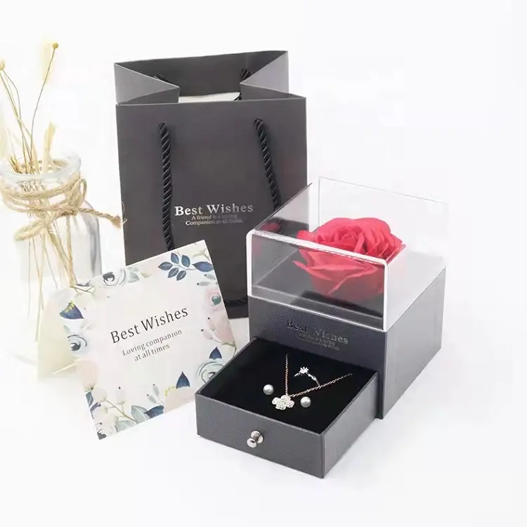 Luxury acrylic soap rose flower valentine's day gift paper box packaging with drawer for jewelry