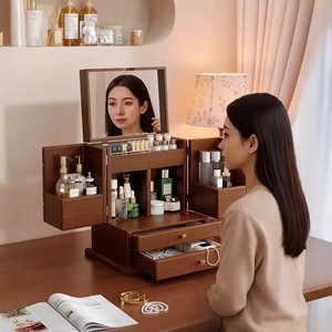 Wooden Jewelry Storage <b>Box</b> 4 Layers Desktop Cosmetic Organizer With Mirror For Home <b>Makeup</b> Storage - Product Image 1