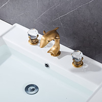 Robinet de lavabo moderne contemporain à double poignée en laiton brossé, avec poignée en boule de cristal, 3 trous, montage sur plan, valve en céramique