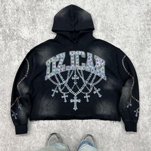 Vintage Drop Shoulder Printed Cotton Hoodies Custom Raw Edges Acid Wash Hoodie <b>Streetwear</b> Oversized Rhinestone Hoodie For Men - Product Image 1