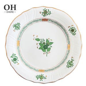 Juego de platos de cena Ohere Luxury Gold Rim Bone China con calcomanía de flor verde <span class=keywords><strong>vajilla</strong></span> de boda al por mayor - Product Image 2