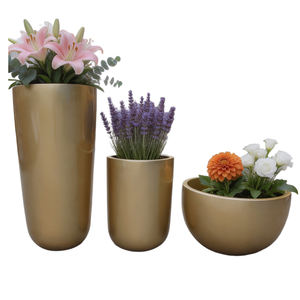 Pot rond en fibre de verre doré, moderne, durable, avec revêtement PE, pour intérieur/extérieur, maison, jardin, hôtel de luxe, hall d'entrée. - Product Image 1