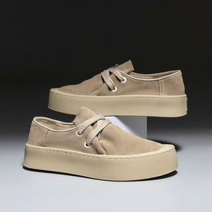 Zapatos casuales de gamuza suave color caqui claro, zapatos para caminar al aire libre, zapatos de plataforma para uso diario, con cordones anchos y gruesos, ligeros y antideslizantes. - Product Image 1