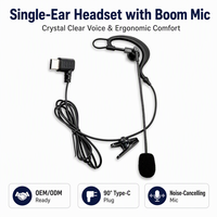 Headset Earhook Tunggal Tipe-C dengan Mikrofon Boom Fleksibel 1.5m Headset Wasit untuk Call Center Kantor Telepon PTT V4 V6