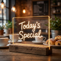 Panneau d'affichage LED en acrylique avec base en bois, panneau lumineux pour notes de bureau, lampe personnalisée pour café, décoration de bureau à domicile